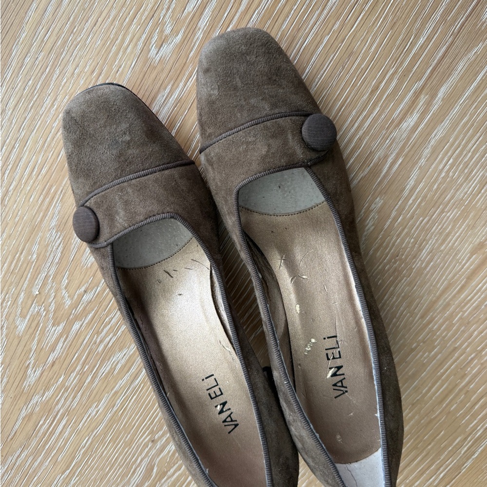 Vaneli Taupe Suede Button-Accent Flats